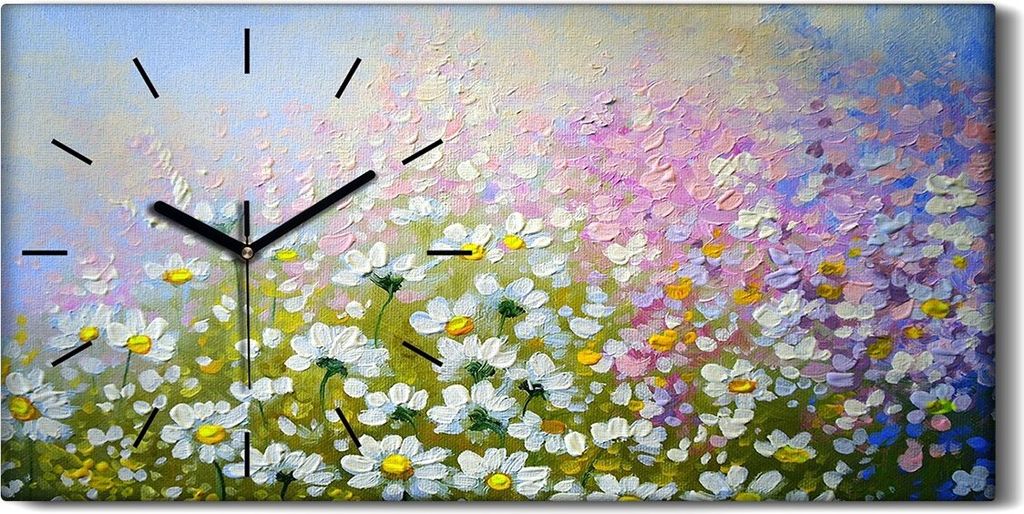 Wandbild Leinwand Bilder Wanduhr Geräuschlos 60x30 Wiesen Blumen Blüten Bunt - schwarze Hände