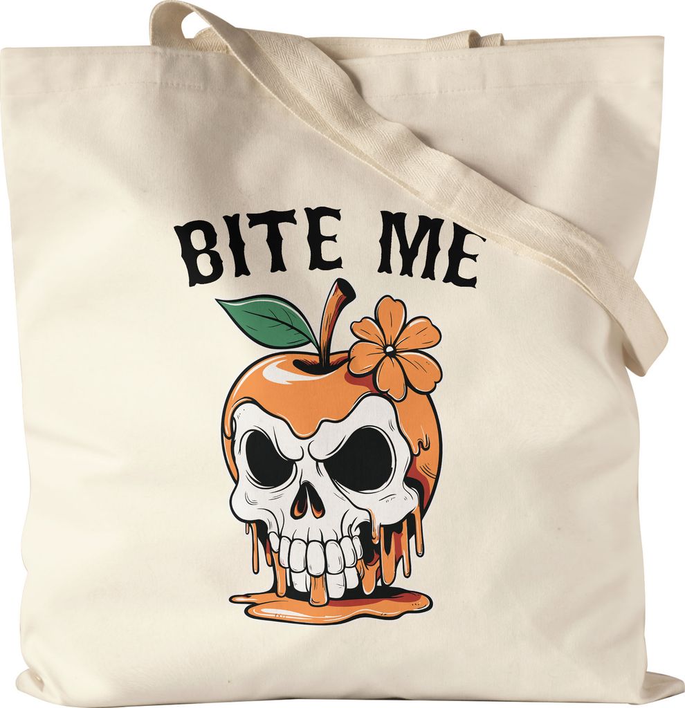 Bite Me Jutebeutel Halloween Geschenkidee Apfel Totenkopf Grusel Herbst