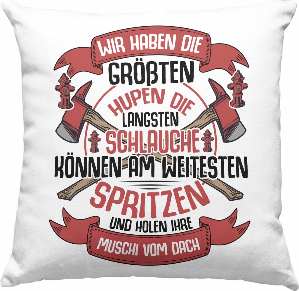 Trendation - Feuerwehr Deko-Kissen mit Füllung 40x40 Geschenke Zubehör Lustig Einsatz Geburtstag Spruch Wir haben Die Größten Hupen (Grau)