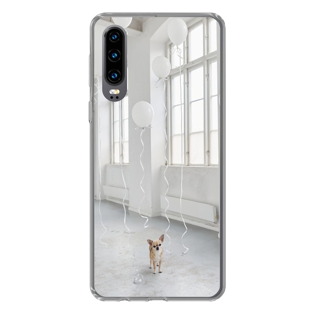 MuchoWow Handyhülle Schutzhülle Hülle für Huawei P30 Hund - Weiß - Luftballon Silikon Softcase Handy Hülle - Kartenbesitzer