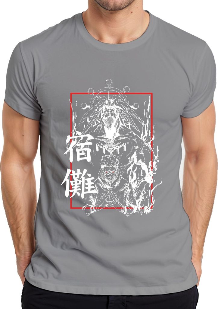 Jujutsu Kaisen Sukuna verflucht Dämon Flammen Rotaugen Anime Herren T-Shirt, Grau, S