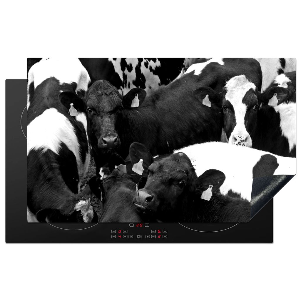 KitchenYeah Herdabdeckplatte Friesische Kühe dicht beieinander - schwarz und weiß , 85x52cm, Küche Deko, Glaskeramikkochfeld Herdabdeckung, Ab...