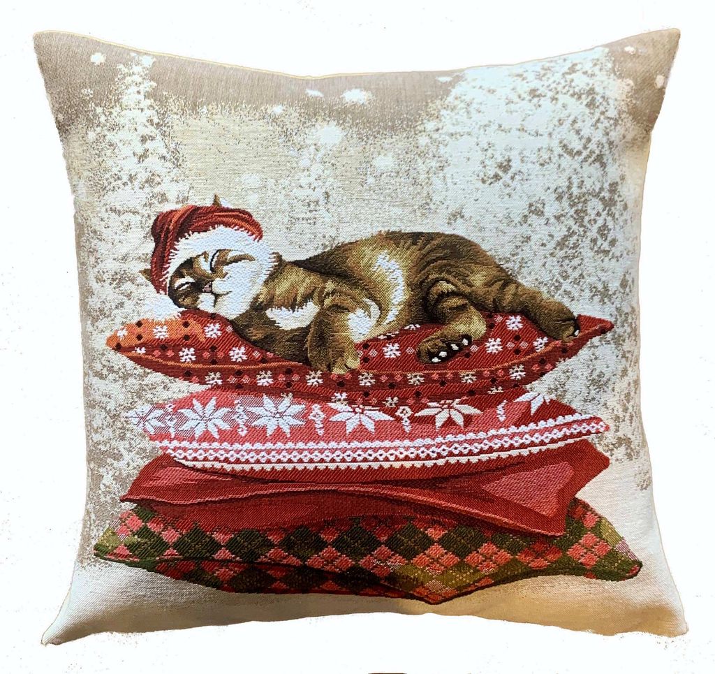 Dekorative Jacquard Gobelin Kissenhülle CHRISTMAS CAT in 45 x 45 cm Zierkissen Couch Weihnachten mit Katze