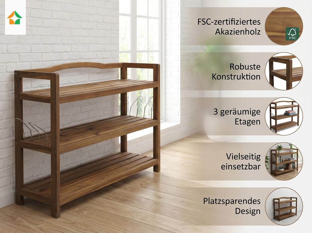 Scaffale multiuso a 3 ripiani in legno di acacia 82 × 74 × Immagine del prodotto 