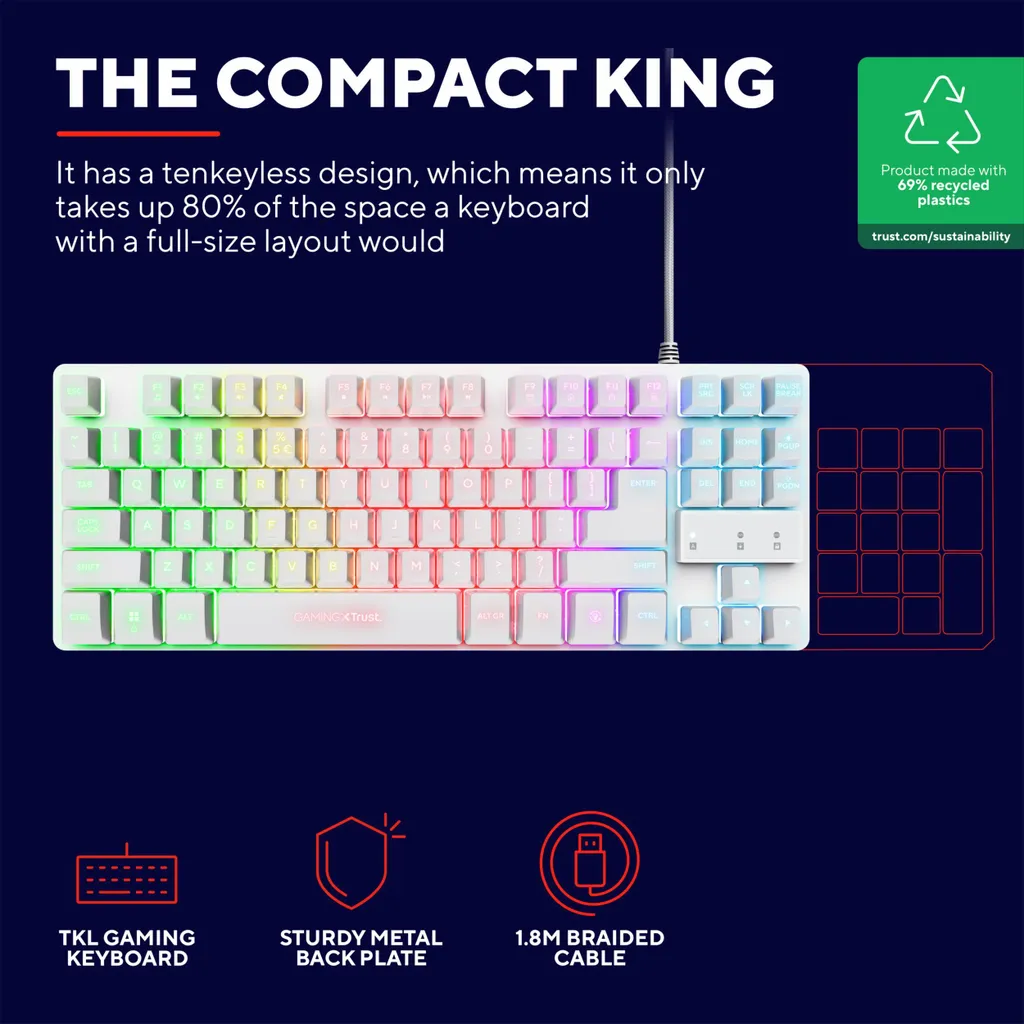 Clavier de jeu rétroéclairé Trust GXT 833W anti-ghosting blanc TKL - 10