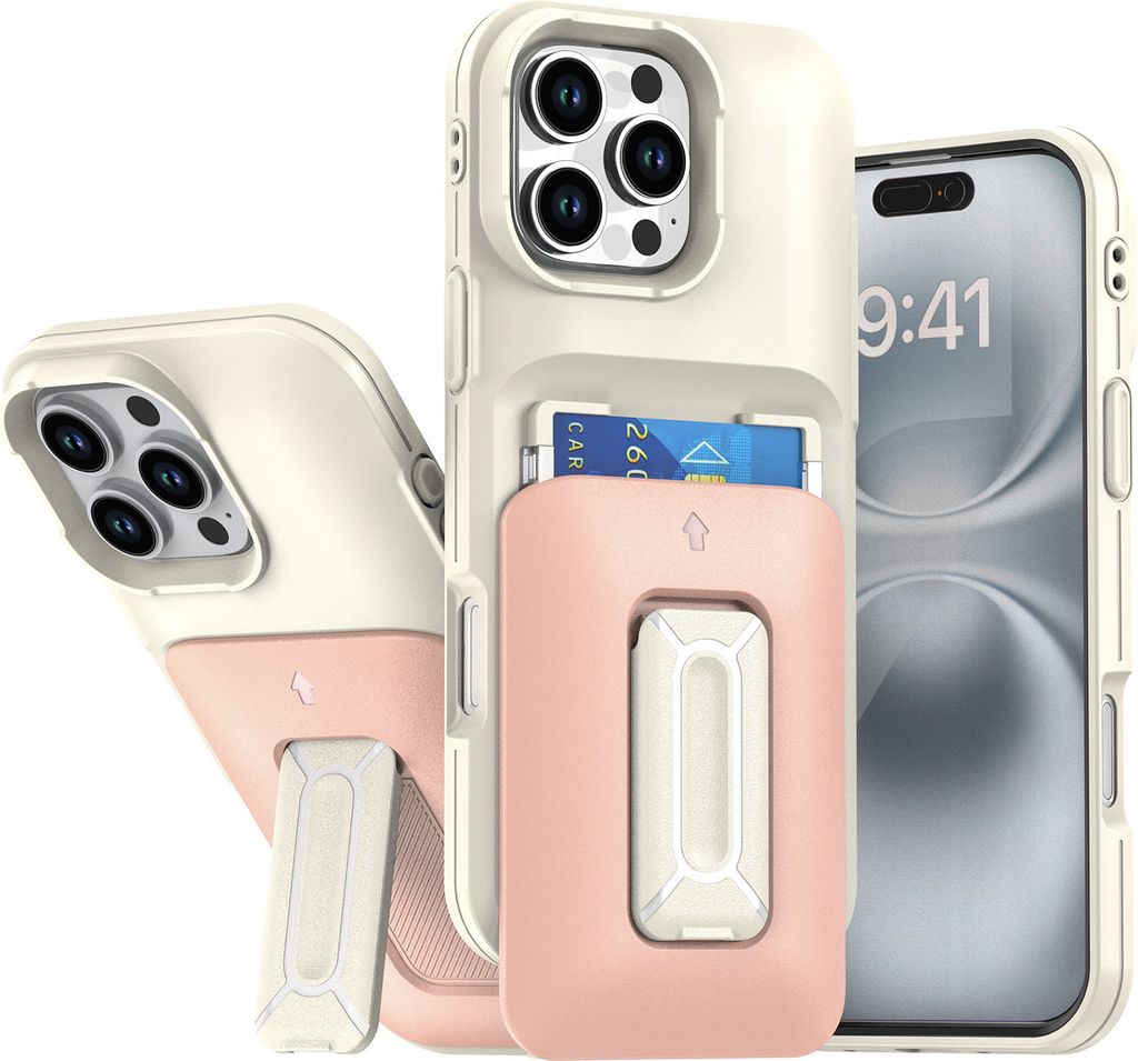 Kartenhalter Handyhülle für iPhone 16 Pro Max, Weiches TPU Brieftasche, Heavy Duty Ständer Hülle Pink