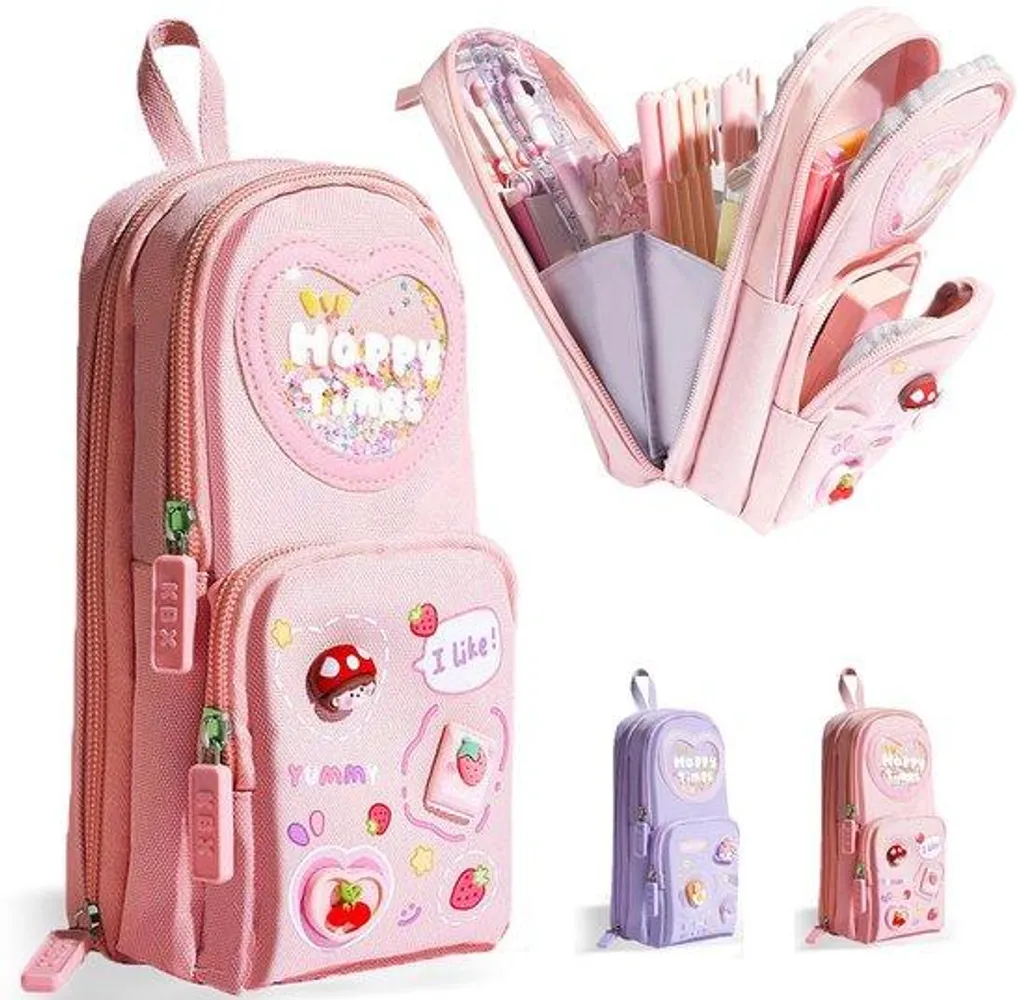 Grand sac à dos scolaire rose multi-poches avec accessoire décoratif chic