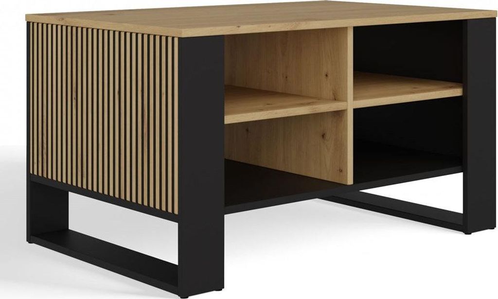 Moderner 4P Slim Couchtisch mit 4 Ablageflächen – Artisan Oak / Schwarz | 90x58x50cm