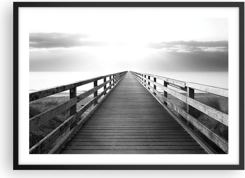 Gerahmtes Poster - Schwarzer Rahmen - Pier Perspektive Schwarzweiß - 70x50 cm - Wand Bild - Wanddeko - Wandbilder - Kunstposter - Wandposter - Bil...