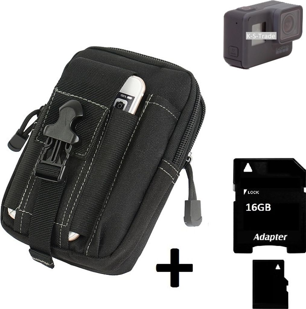 Kompatibel mit GoPro Hero 5 Black Gürteltasche / Holster schwarz Schutz Hülle Kameratasche Fototasche Case Bag + 16 GB Memorycard Extrafächer,