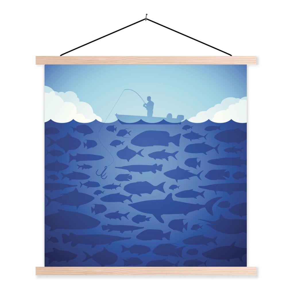 MuchoWow Textilposter Illustration eines Mannes beim Fischen 120x120 cm mit holzfarbenen Rahmen - Textil-Poster