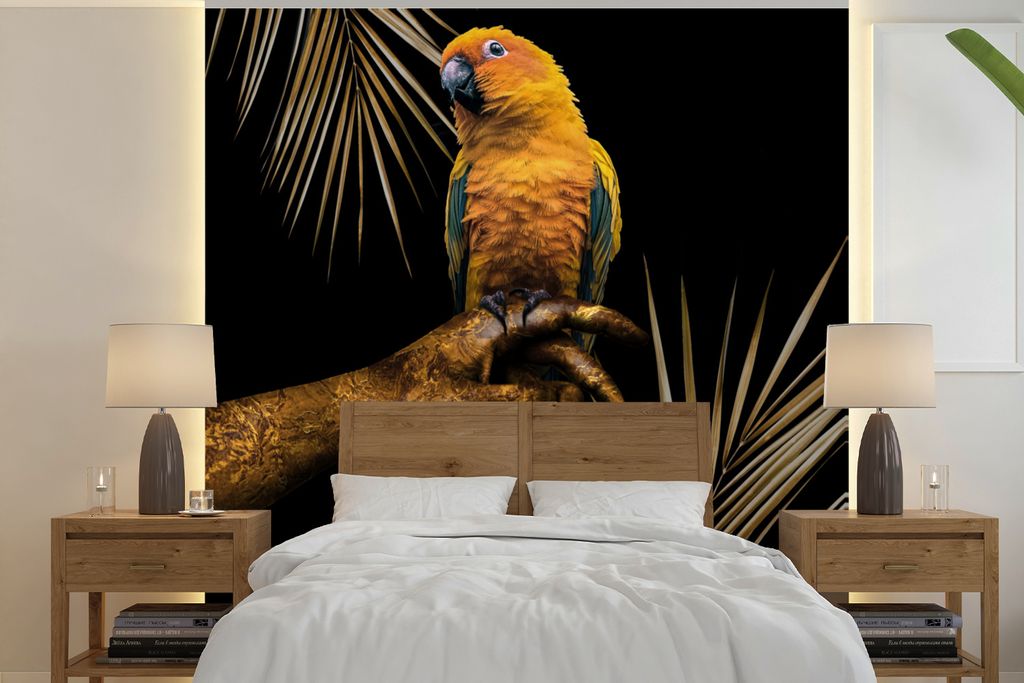 MuchoWow Fototapete für Wohnzimmer oder Schlafzimmer Wandtapete Vinyl Motivtapete Vogel - Papagei - Hand - Gold - 350x350 cm - Schlafzimmertapete