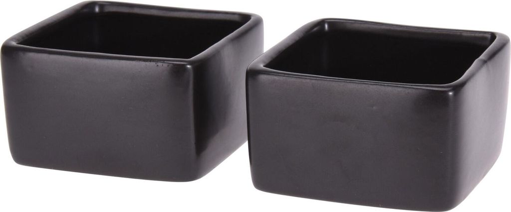 Two black square ceramic bowls are shown against a white background.