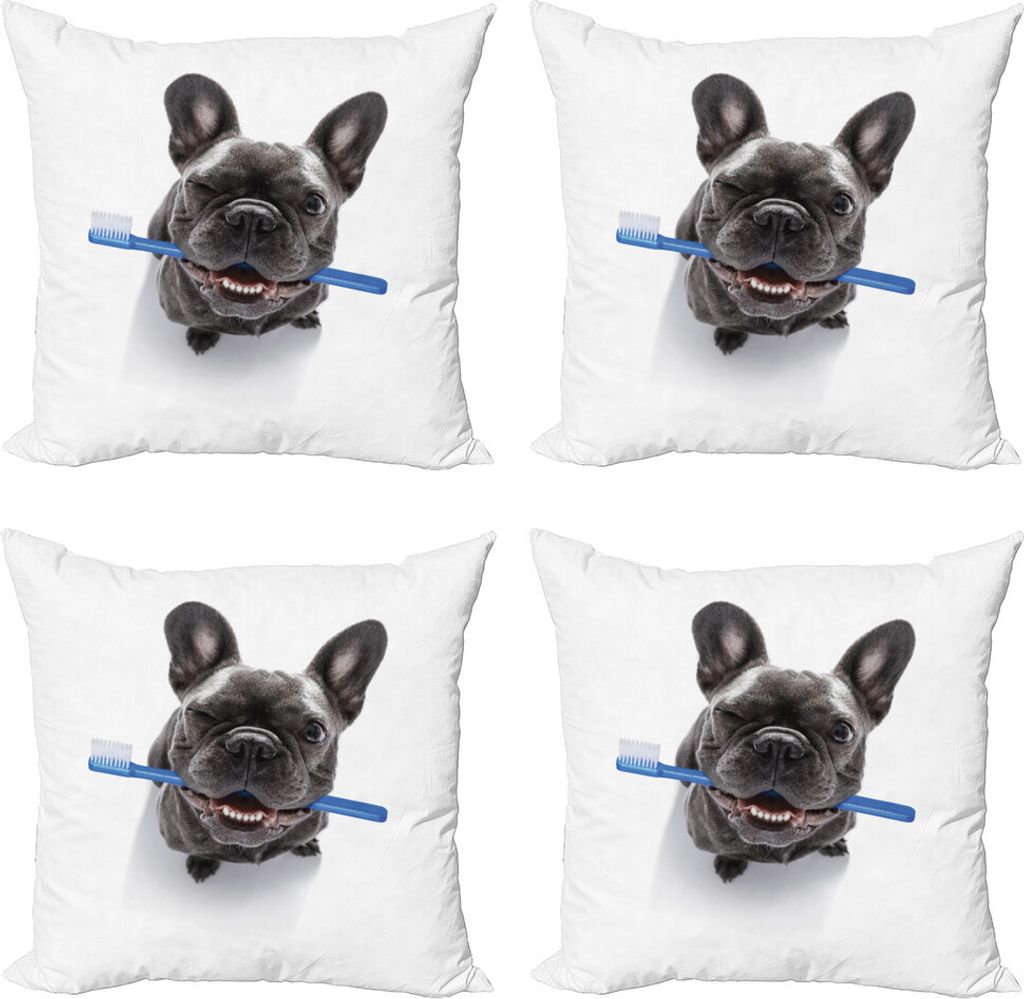 ABAKUHAUS Bulldogge Kissenbezug Set (4 Stück), Lustiger Hund mit Zahnbürste, Moderner Doppelseitiger Digitaldruck, 60 cm x 60 cm, Blau Dunkelgrau...