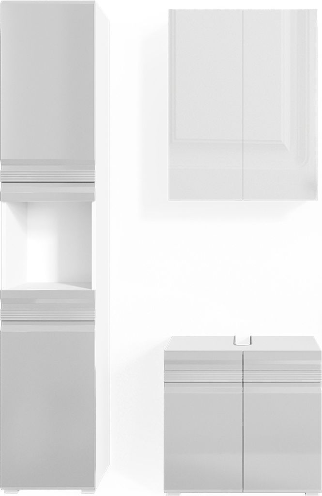 A set of three white bathroom cabinets against a white background.