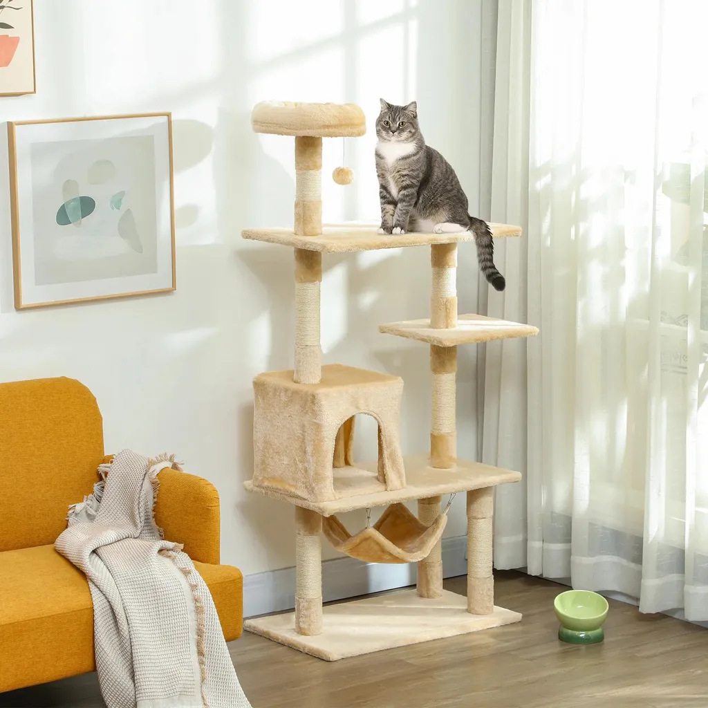 Arbre à chat en bois E1 et peluche beige - Tour 152 cm avec grotte & hamac - 2