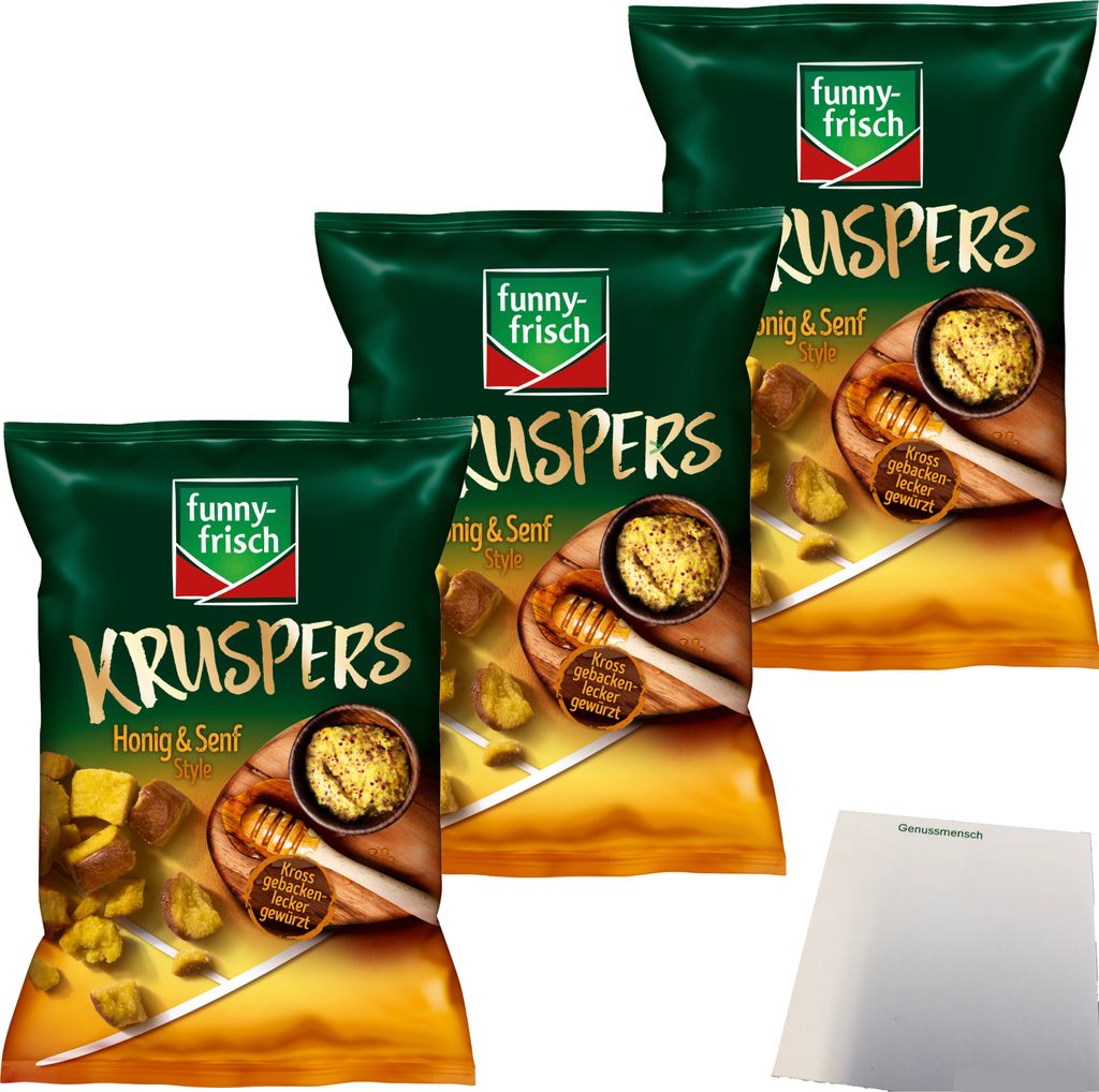 funny frisch Kruspers Honig und Senf Weizenkräcker 3er Pack (3x120g Tüte) + usy Block