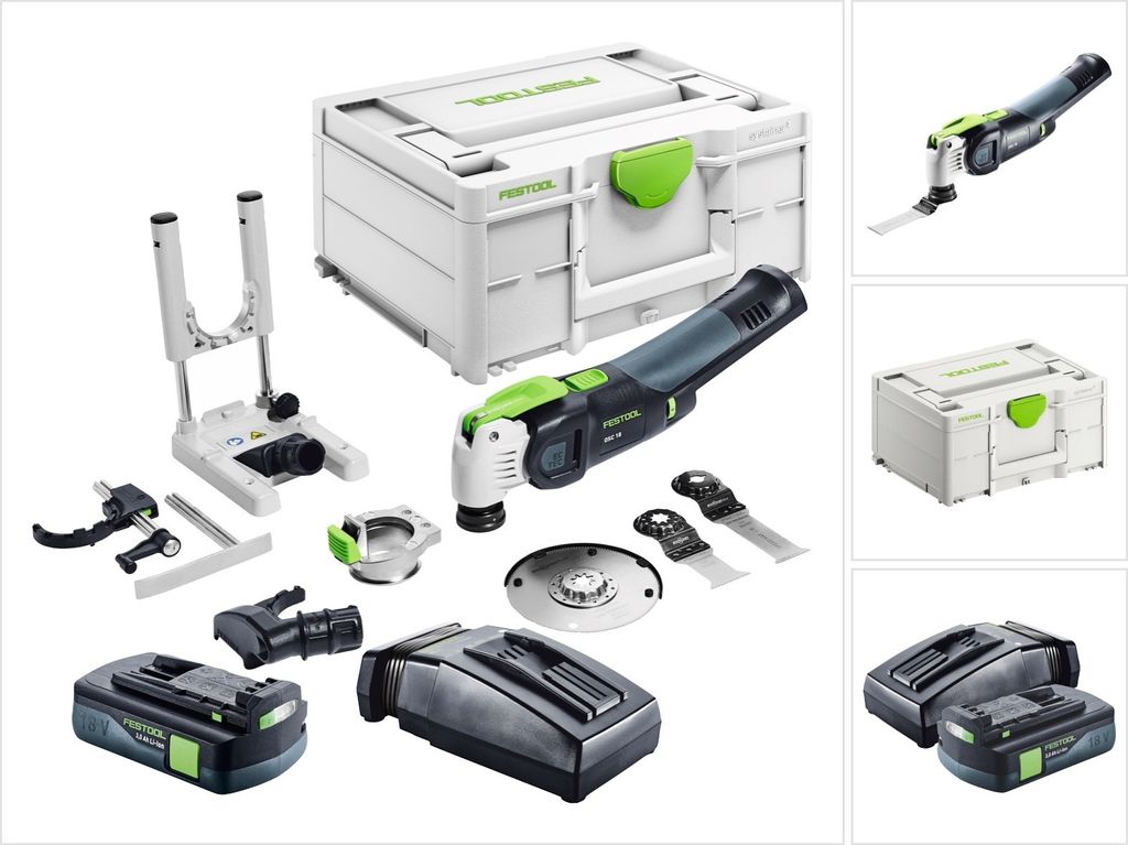 Festool VECTURO OSC 18 E-Basic Set Akku Oszillierer 18 V Starlock Max Brushless + 1x Akku 3,0 Ah + Ladegerät + 7 tlg. Zubehör Set + Systainer