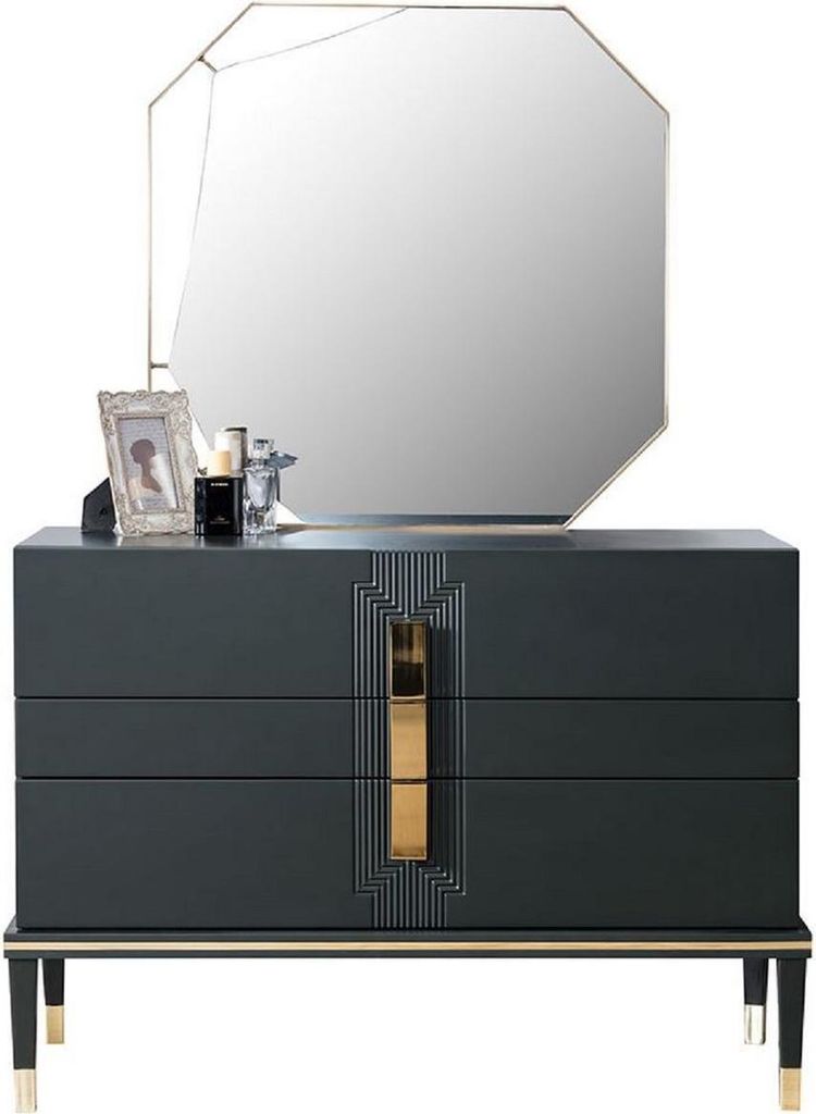 Casa Padrino Luxus Schlafzimmer Kommode mit Wandspiegel Schwarz / Gold - Moderner Massivholz Schrank mit elegantem Spiegel - Luxus Schlafzimmer Möbel