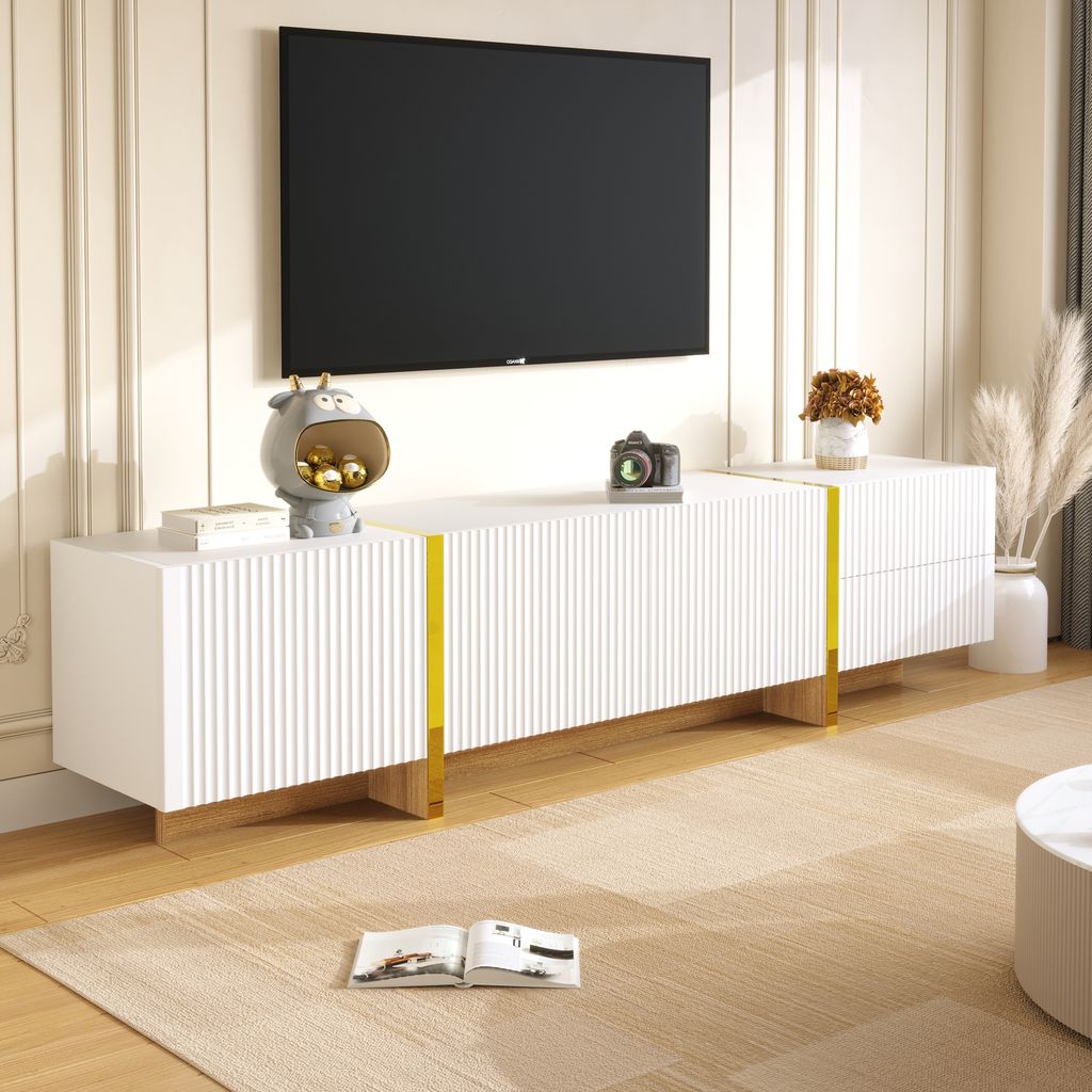 STILVORA Lowboard mit Dämpfung Scharniere,TV-Schrank TV-Regal mit 2 Schubladen,TV-Board Fernsehschrank mit 3 Türen,weiß+gold