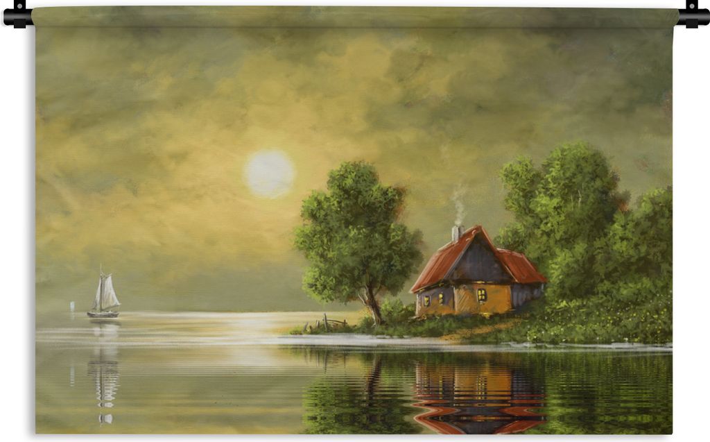 MuchoWow Wandteppich Wandbehang Gemälde - Ölfarbe - Haus - Natur - Wasser 150x100 cm Tapisserie Dekoration Wandtuch - Waschbar - Tapisserien - ...