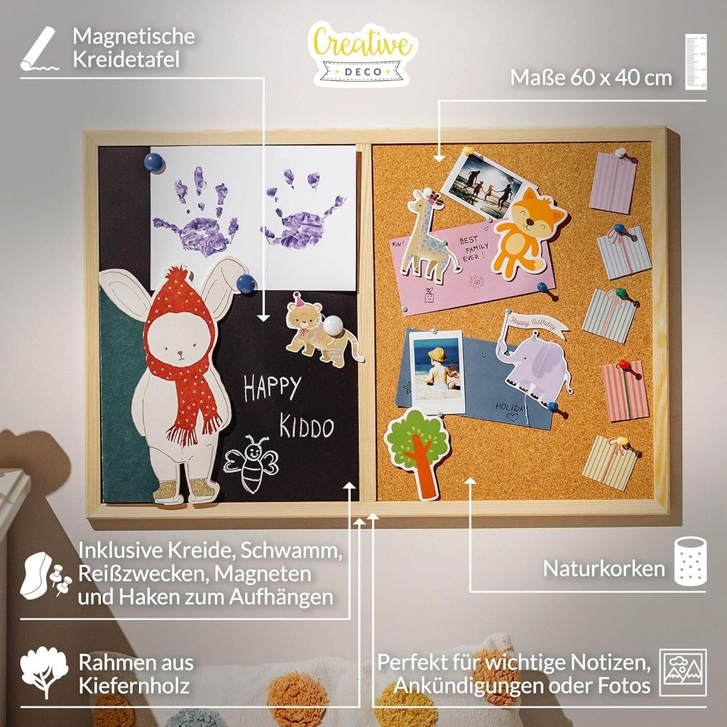 Bi-Joy Kreidetafel 60x40cm - Naturkiefer Rahmen Für Wandmontage Horizontal/vertikal