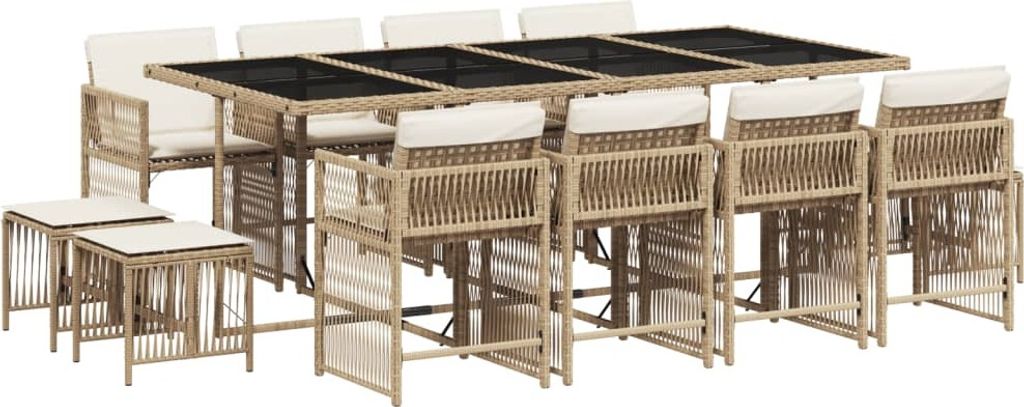13-tlg. Garten-Essgruppe mit Kissen Beige Poly Rattan