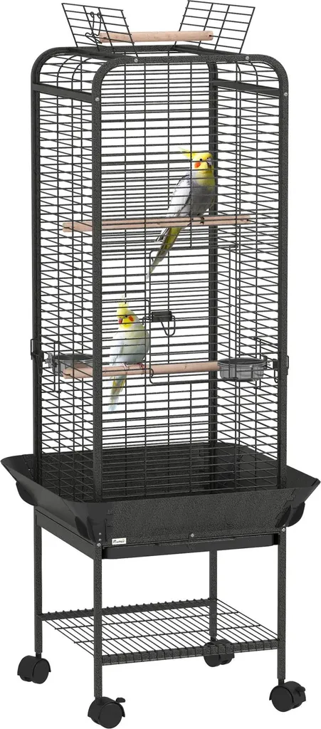 Cage à oiseaux en acier gris foncé 62,5 x 62,5 x 146 cm avec tablette