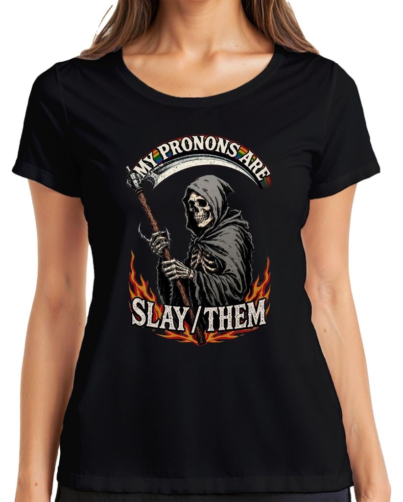 My Pronouns Are Slay Them Grim Reaper Skelett Regenbogen Pride Damen T-Shirt, Schwarz, S