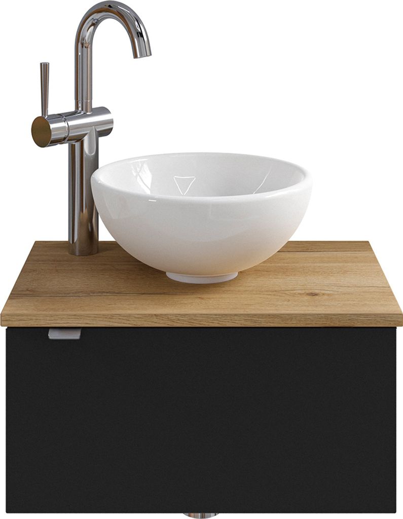 Waschbeckenunterschrank 50 cm inkl. Waschbecken in schwarz matt mit Eiche AMADORA-66, Türanschlag rechts