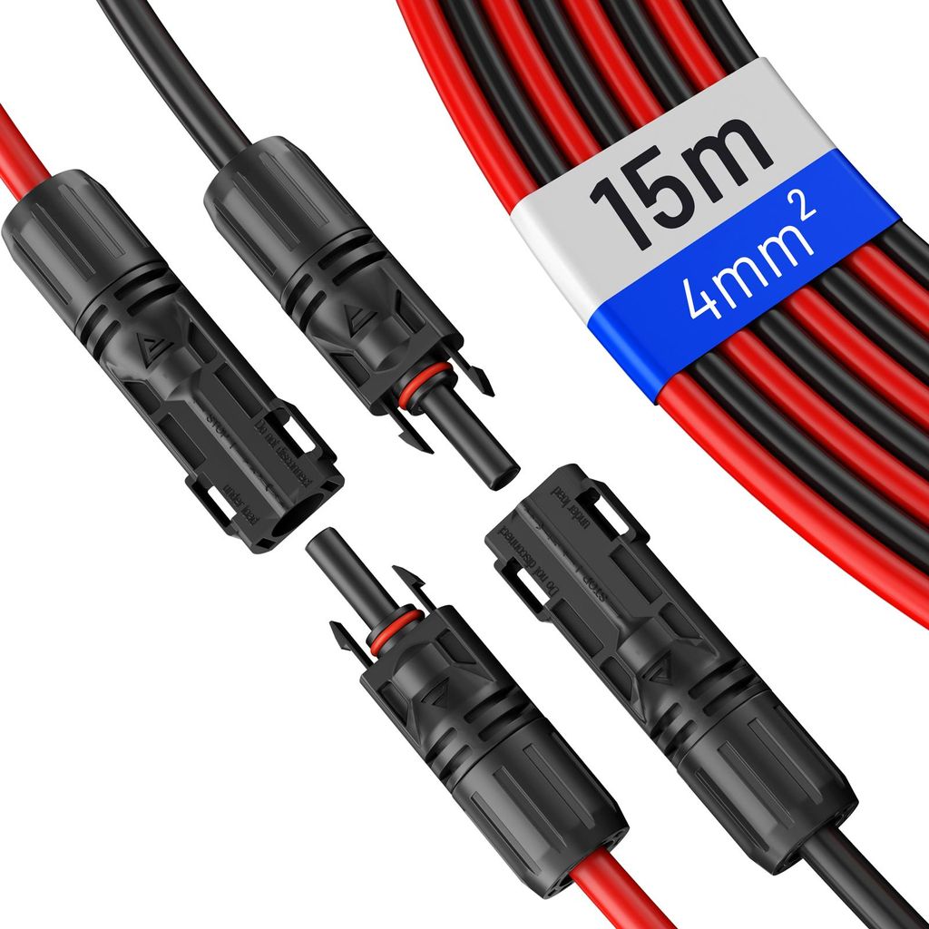 hb-digital 2x 15m Solar Verlängerungskabel 4mm² für PV Anlagen mit 1500V Solarstecker schwarz und rot