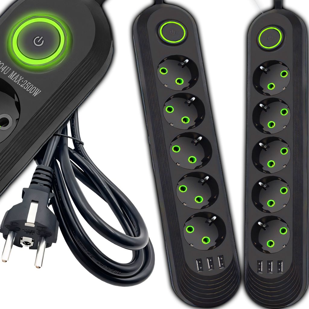 5 Fach Steckdosenadapter mit 3x USB, Verteilersteckdose, Tischsteckdose, Mehrfachsteckdose, Steckdosenleiste, 5m Verlängerungskabel, Retoo