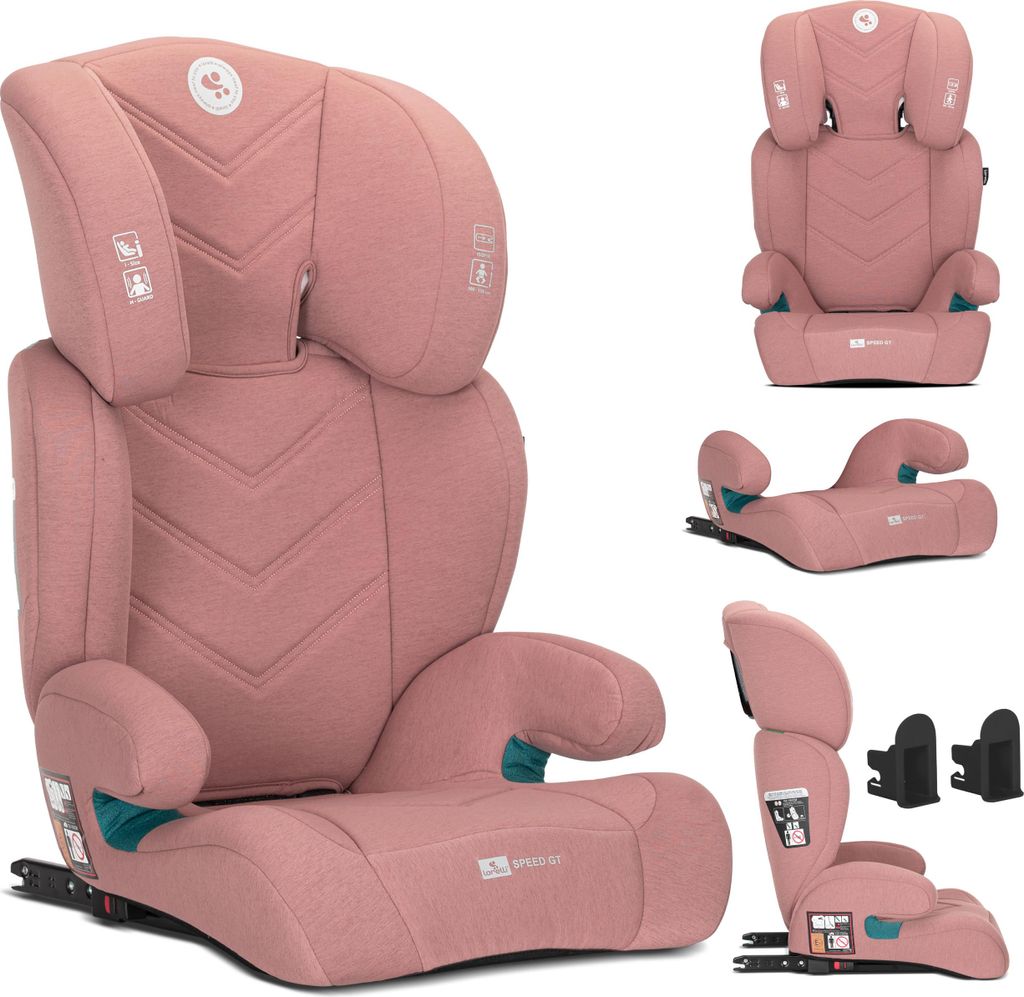 A collage of images showing a pink child's car seat from different angles, including a close-up of the headrest and a separate image of the booster seat base.