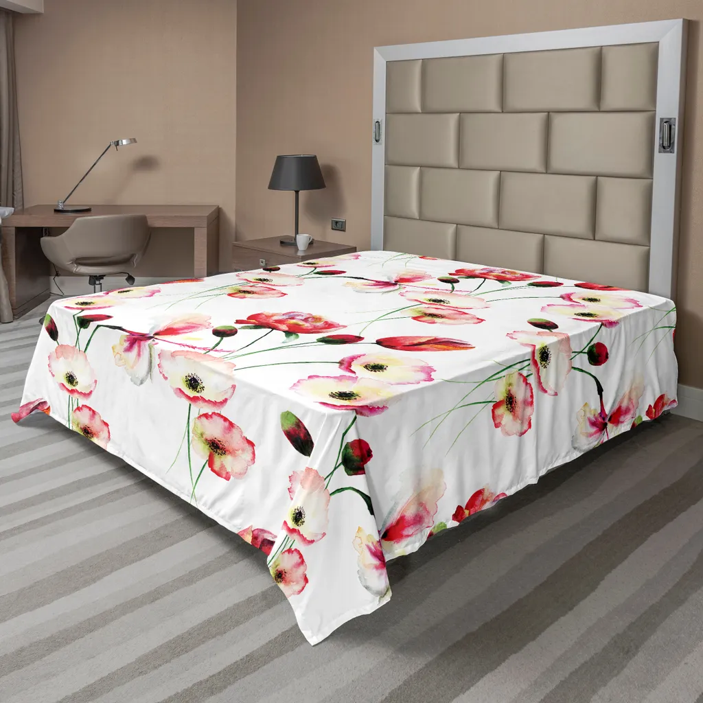 Drap plat décoratif motif floral aquarelle pavots doux 260 x 228 cm coloré