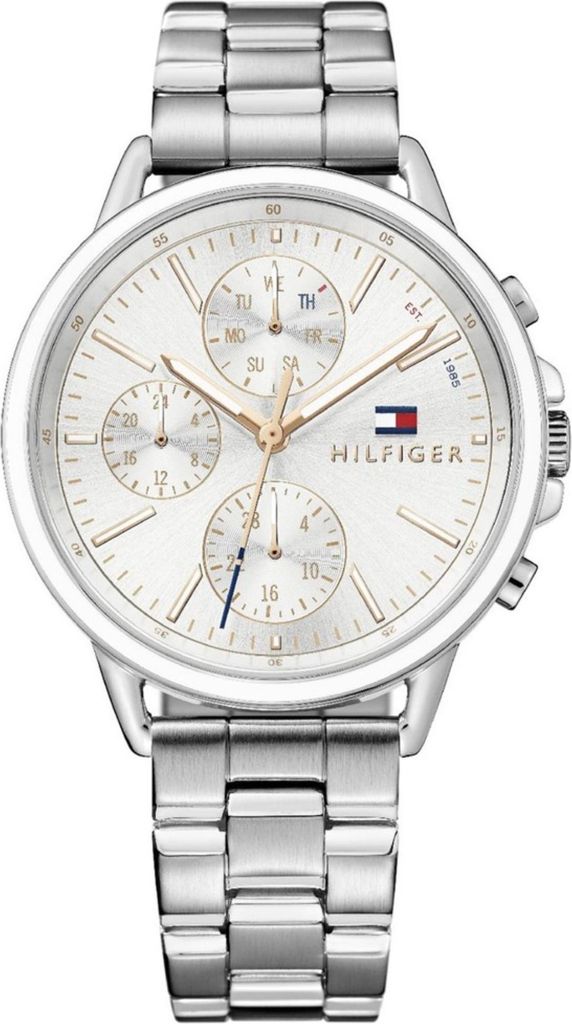A close-up studio shot of a Tommy Hilfiger women's watch.