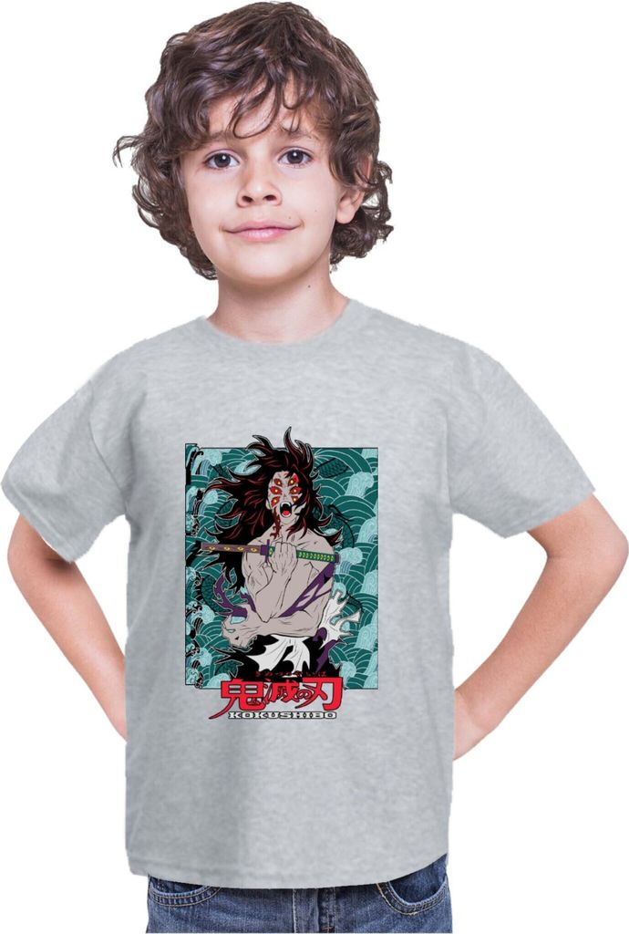 Kinder T-Shirt Demon Anime Slayer Kimetsu No Yaiba Kokushibo 001, 9-11 Jahr - 140 / Grau