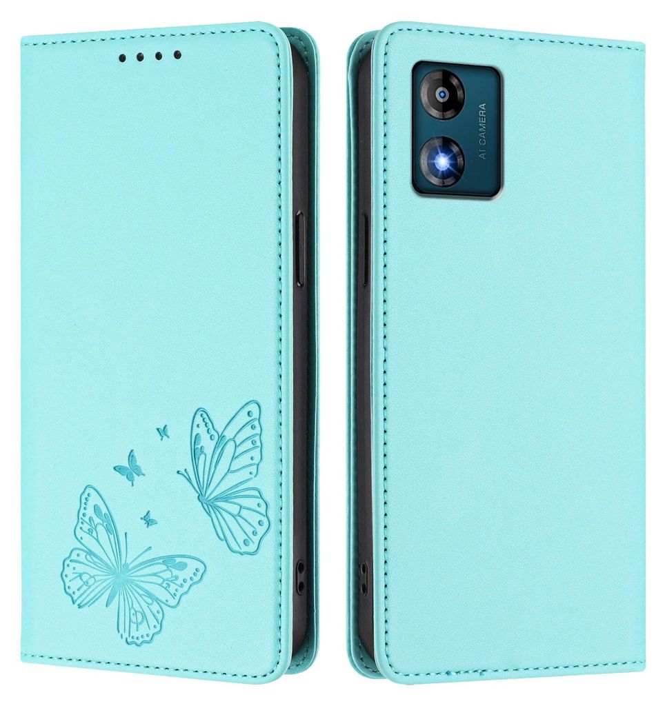 Lederhülle für Motorola Moto E13, Schmetterling Prägung Leder Brieftasche Schutzhülle mit Ständer Türkis