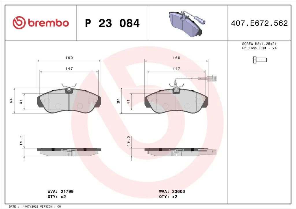 Plaquettes de frein Brembo anti-sifflement P 23 084 pour Fiat Ducato