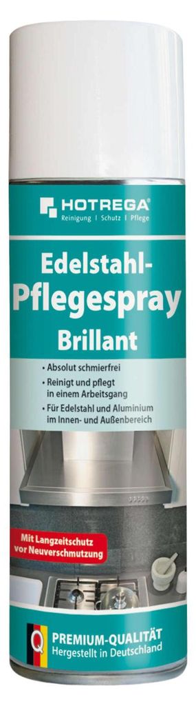 HOTREGA Edelstahl Pflegespray Brilliant Reinigung und Produktbild 