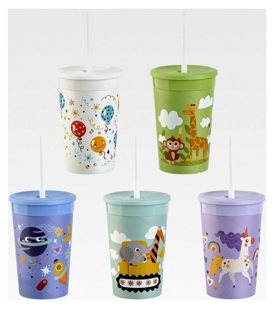 5 Kinderbecher mit Deckel und Strohhalm, BPA-frei, Bunte Mischung, Kunststoffbecher, Trinkbecher, Partybecher, Mehrweg 0,33l