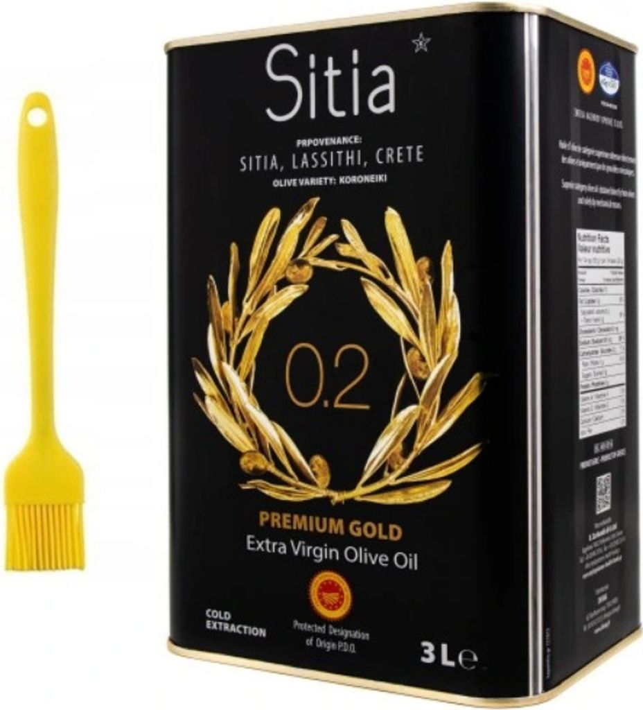Griechisches Olivenöl Sitia Premium 3 L mit Silikonpinsel – Natives Olivenöl Extra aus Kreta, Kaltgepresst, 0,2 % Säure, Geschenkset