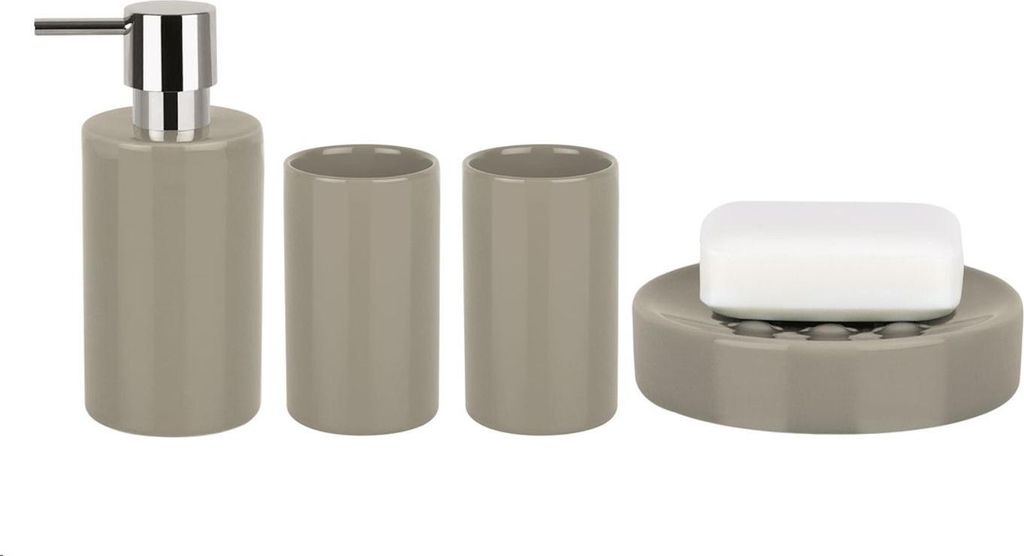 spirella Bad Accessoires Keramik 4-teilig - Seifenspender, Seifenschale, Zahnputzbecher Silber