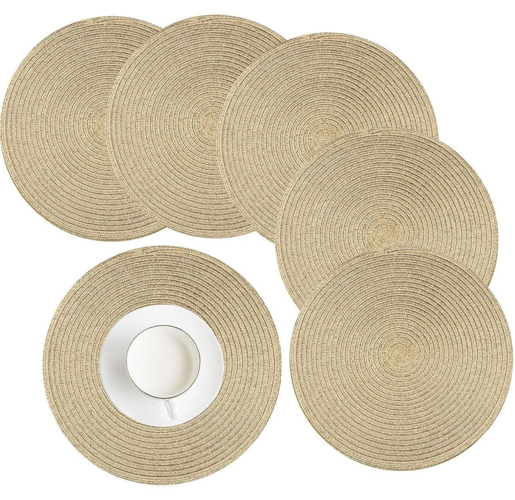 Set mit 6 runden, geflochtenen Platzsets, waschbar, goldfarben, hitzebeständig, weihnachtliche Platzsets für Hochzeiten, Partys, Küche und Dekor...
