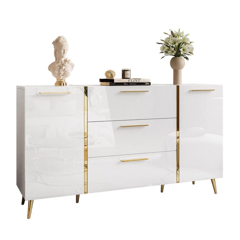 Kommode mit Schubladen ONYX auf goldenen Beinen Hochglanz 158 cm mit Griffe