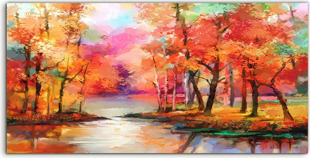 Coloray - Glasbild - 120x60 cm - Wandbild - Glasbilder - Kunstdruck Landschaft Herbst Wald Wasser