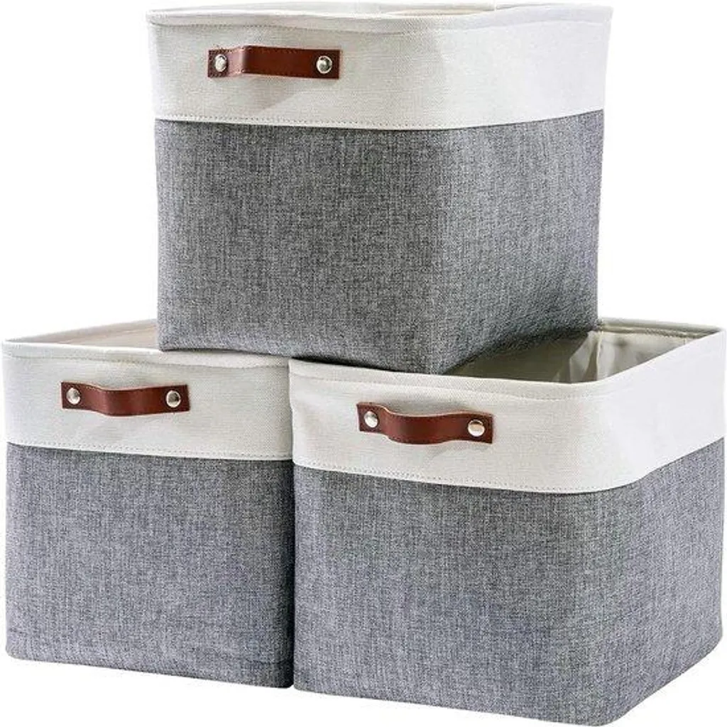 Cubes de Rangement Design 28 cm Bicolores Blanc et Gris, Tissu x3