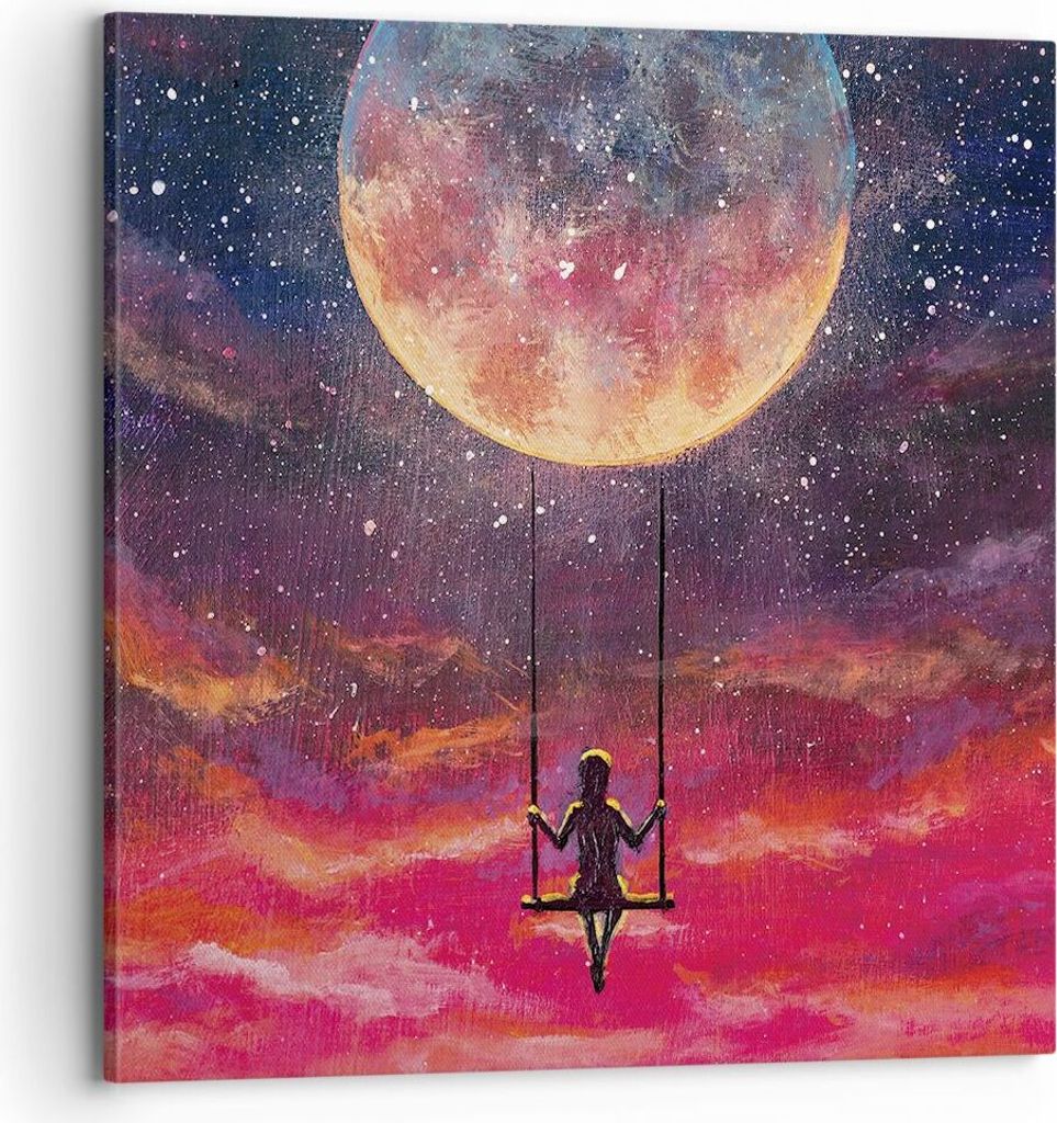 Bild auf Leinwand - Leinwandbild - Einteilig - Mond Schaukel Frau - 70x70cm - Wand Bild - Wanddeko - Wandbilder - Leinwanddruck - Bilder - Wanddeko...