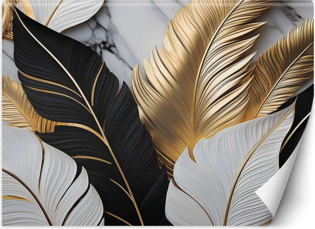 Vlies fototapete Goldene, schwarze und weiße Blätter auf einem Marmorhintergrund 350x245 cm Feeby Weiß inkl. Kleber einfache Montage