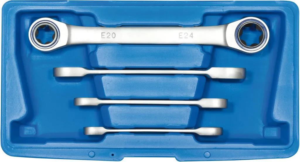 Jeu de clés à cliquet mixtes pour profil Torx E6 à E24 - Set de 4 outils