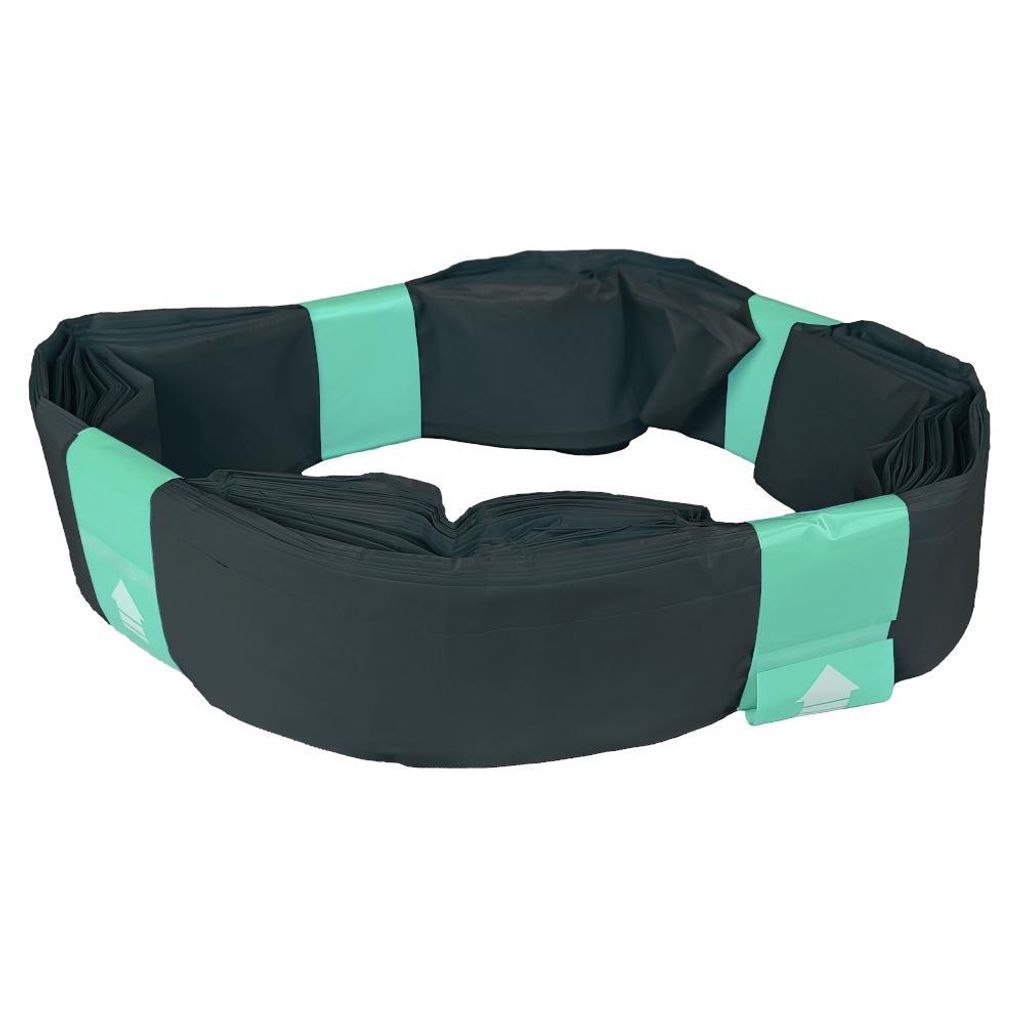 A roll of black trash bags with green ties, arranged in a circle.